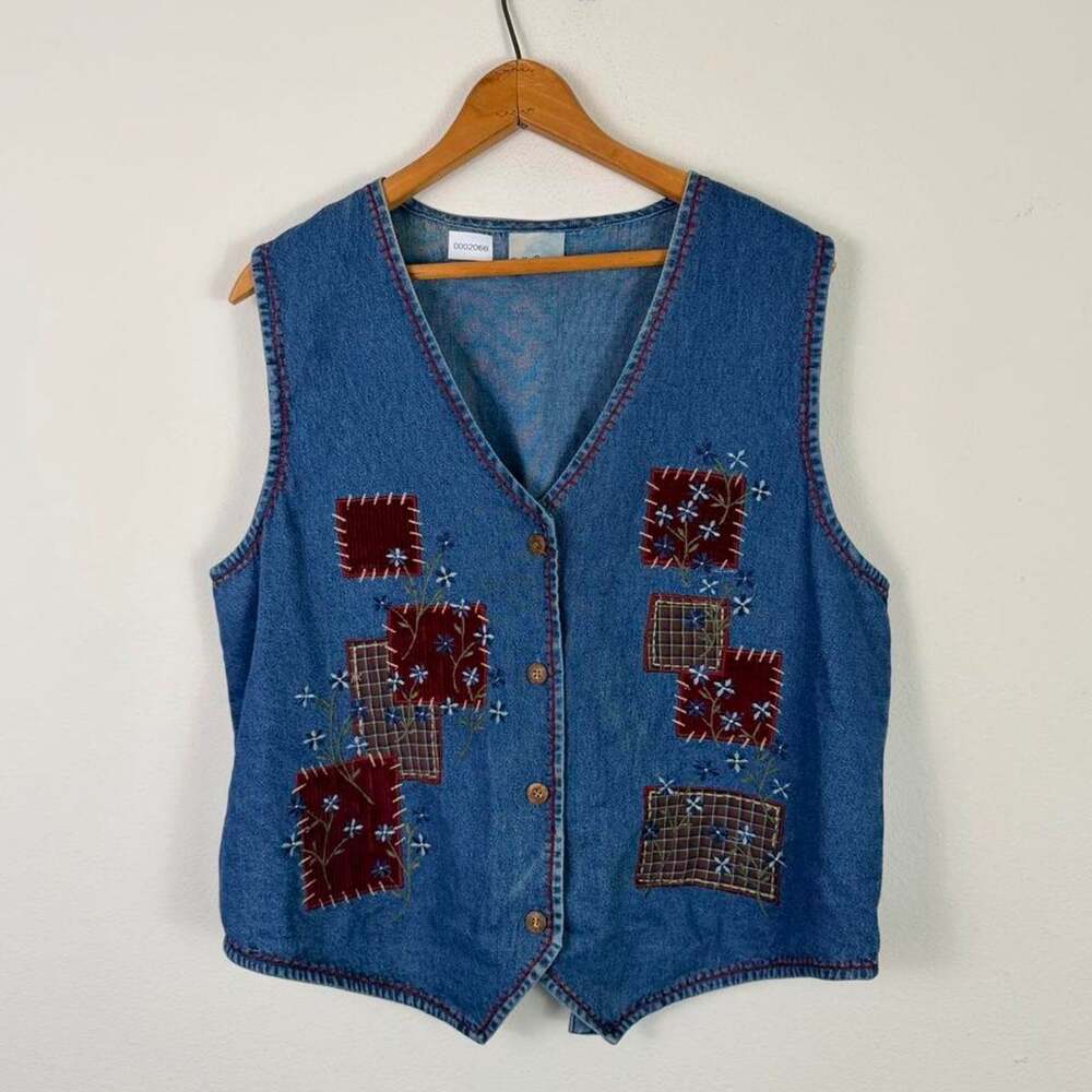 Vintage 90s Denim Vest Patchwork Indie Cutesy Earth Tone